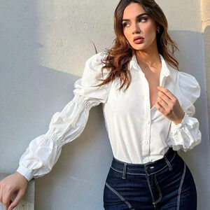 White Preppy Womens Solid Button Front Ruched Shirt